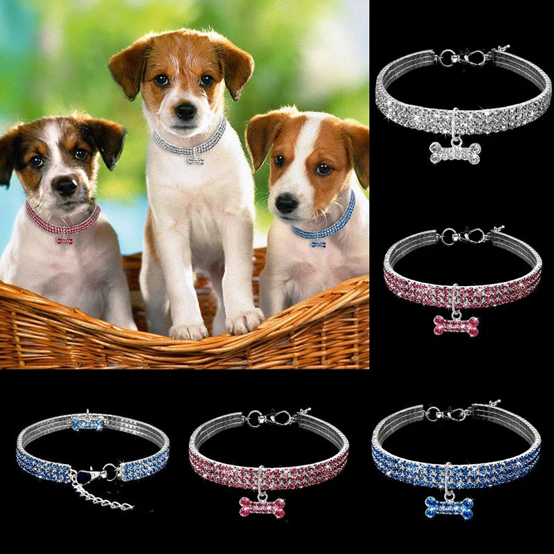 A collection of crystal rhinestone dog collars featuring various designs and quick release buckles.