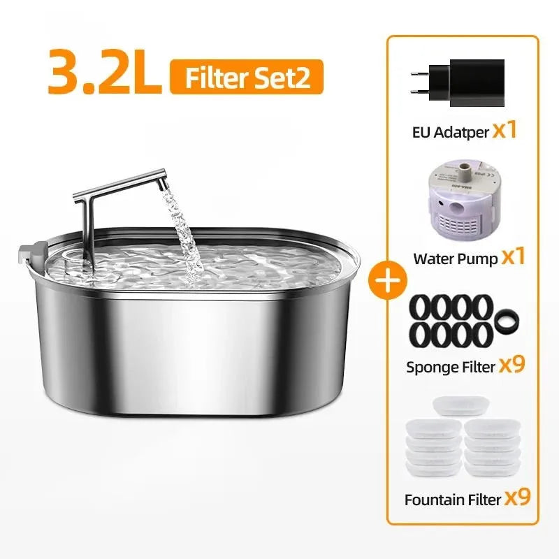 Edelstahl-automatische Haustier-Wasserfontäne mit Pumpe, Adapter und verschiedenen Filtern