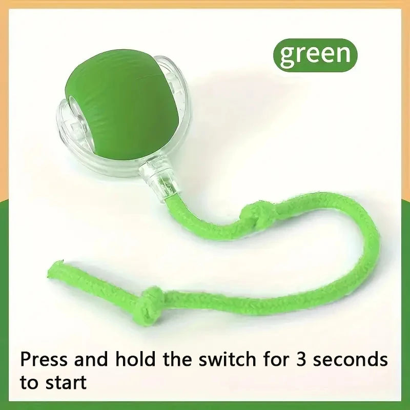A green interactive auto-roll cat ball with a clear casing and a flexible tail is shown for starting.