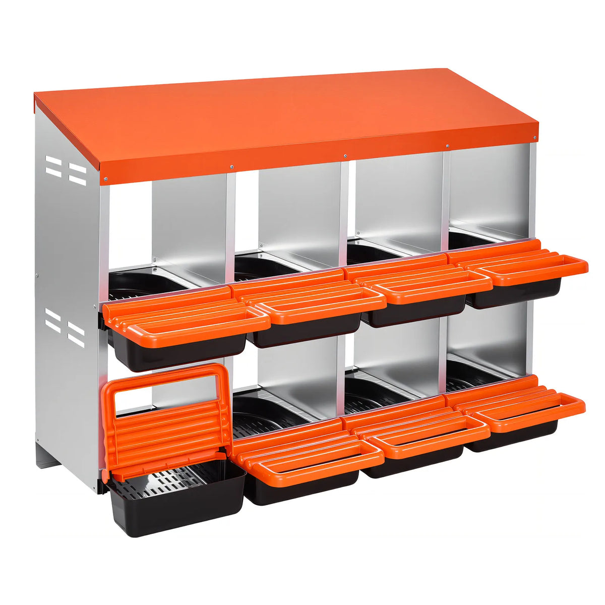 A durable galvanized steel chicken nesting box with orange trays and an egg collection tray.