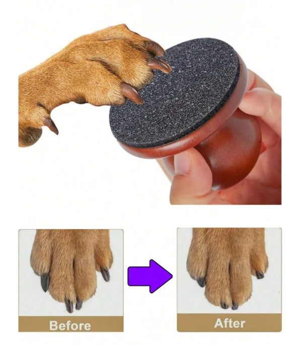 A hand holds a wooden-handle dog nail file with reusable sandpaper pads, showing before and after results on a paw.