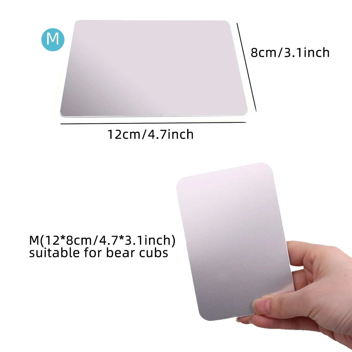 A rectangular aluminum cooling pad, 8cm by 12cm, shown next to a hand for scale.
