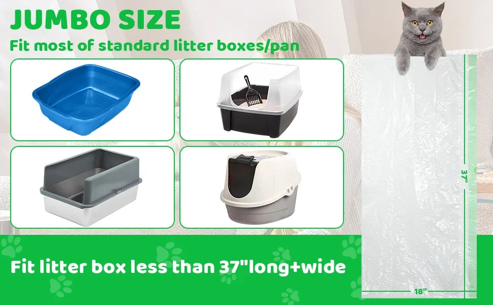Jumbo size cat litter box liners and a gray cat sitting on a white background.