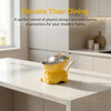 A yellow ceramic elevated cat bowl with a stainless steel insert sitting on a kitchen countertop.