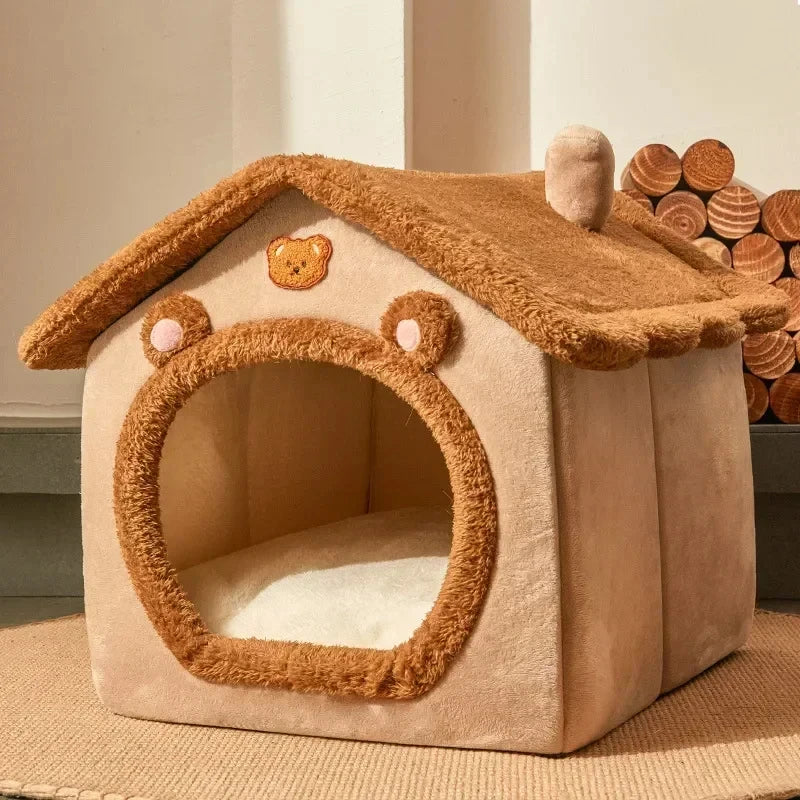 A light tan foldable pet kennel with a rounded roof and an arched entrance for a small animal.