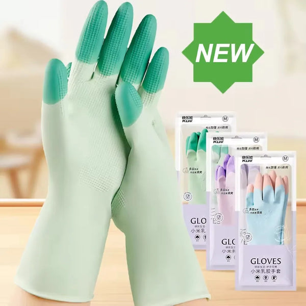 A pair of new light green anti-slip silicone dishwashing gloves shown with packaging.
