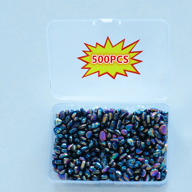 A clear plastic container holds 500 pieces of colorful, iridescent stone cobblestone for DIY crafts.