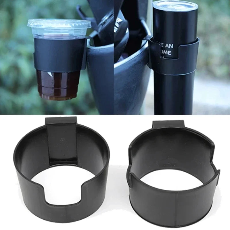 Porte-gobelet portable noir conçu pour véhicules, montré sous différentes formes.