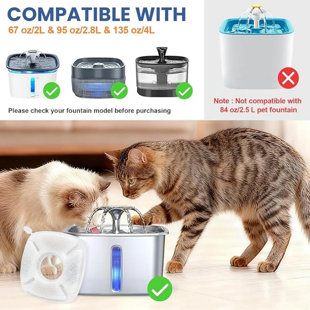 A tabby cat is interacting with a pet fountain, demonstrating compatibility with various fountain models.