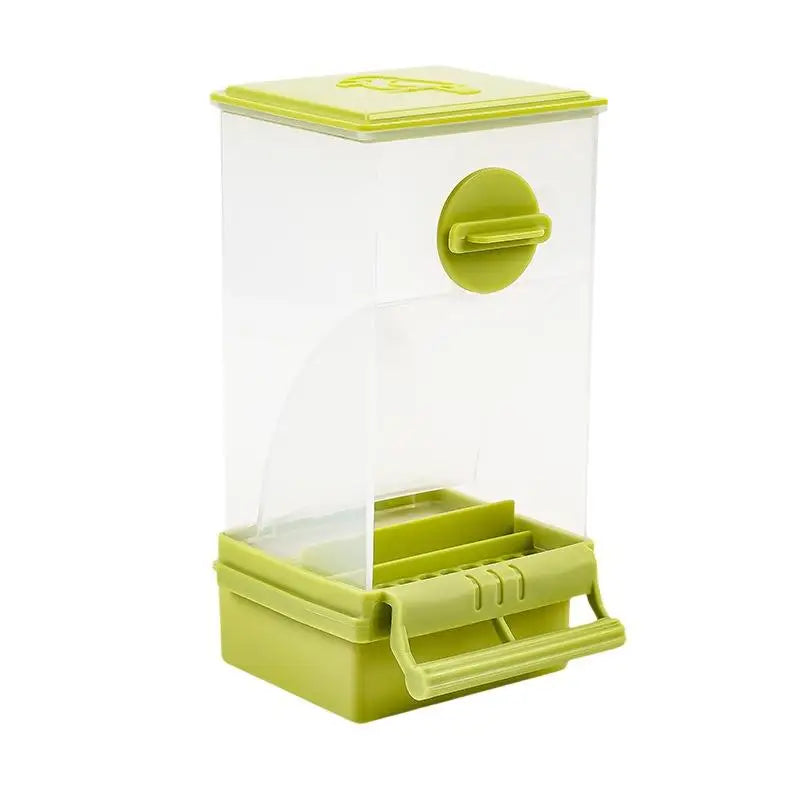 A clear plastic bird feeder with a lime green lid and tray for automatic feeding.
