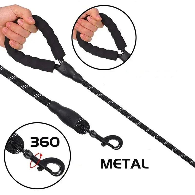 A reflective dog leash with a padded handle and metal hardware shown in various angles.