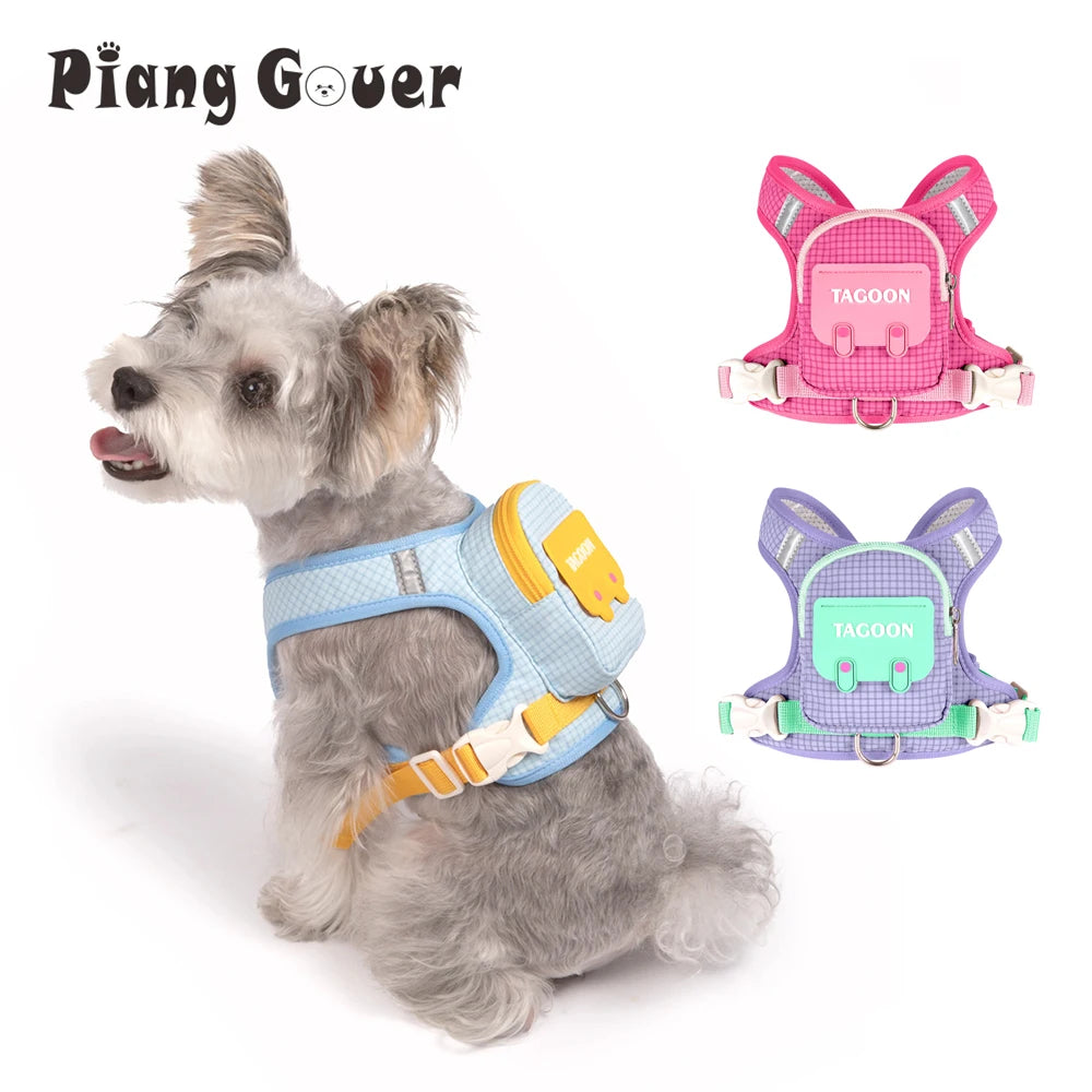 A gray dog wearing a pink and purple dog backpack harness.