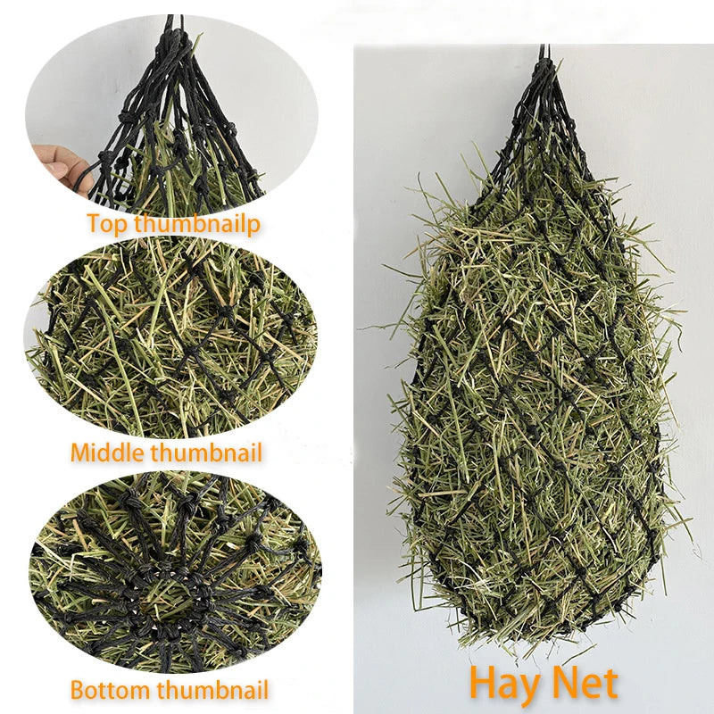 A close-up view of a horse hay net showing the top, middle, and bottom thumbnails of the product.