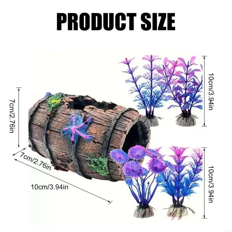 A set of coral reef aquarium decor featuring resin fish tank ornaments and vibrant purple and blue aquatic plants.
