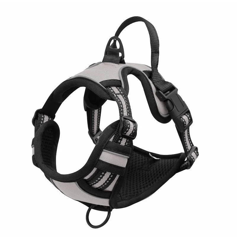 A black and gray heavy duty dog harness with a control handle shown against a white background.