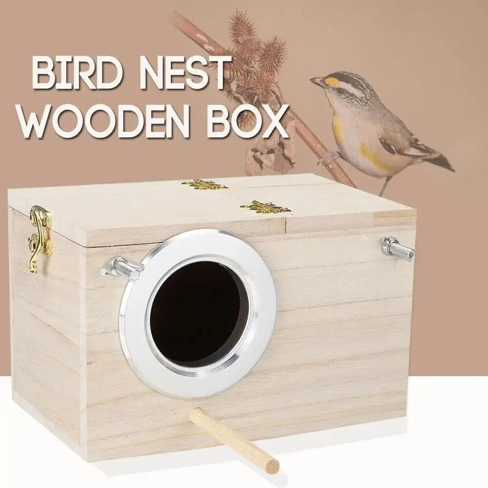 A light wood bird nest wooden box with a circular entrance hole and natural sticks in the background.