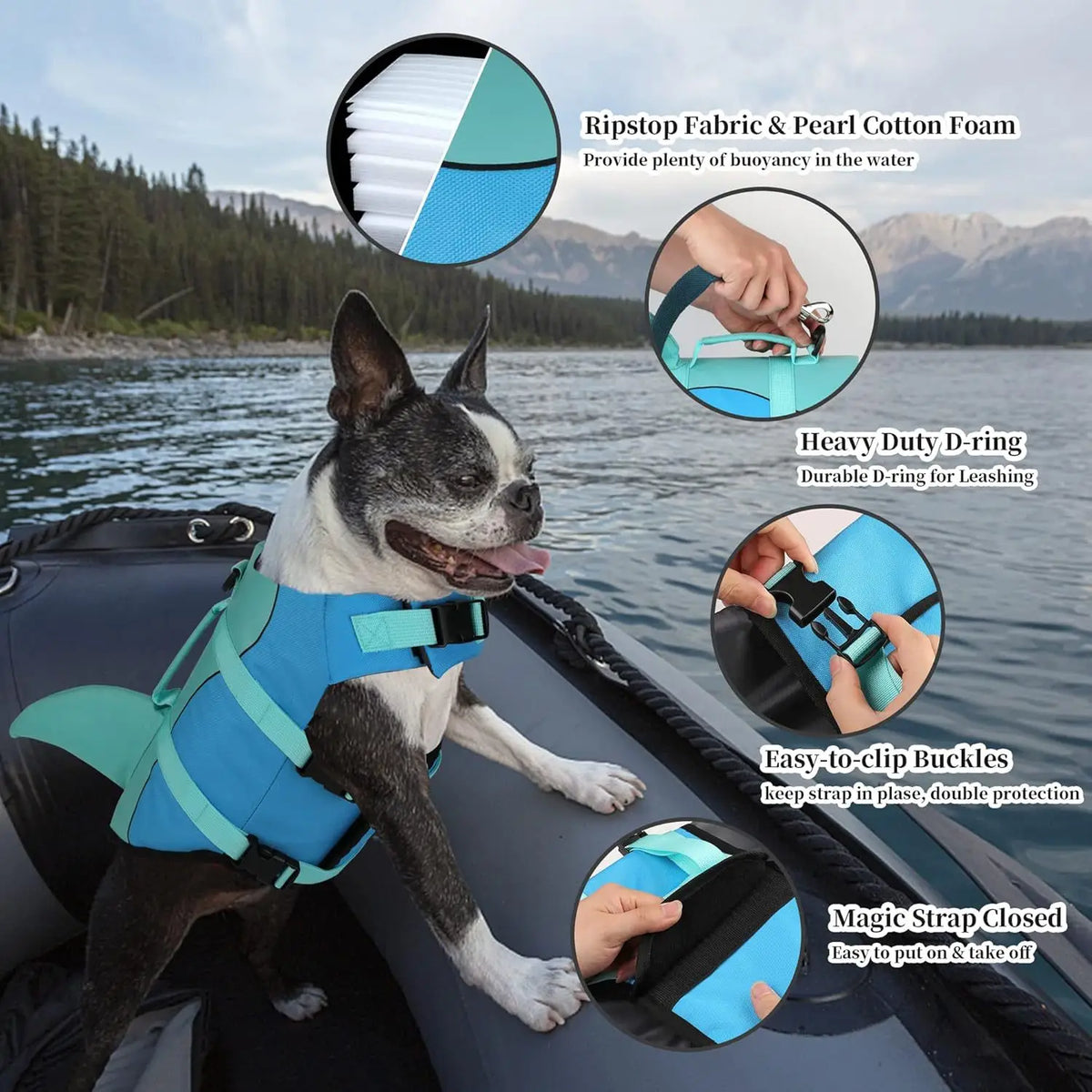 A dog wearing a blue life jacket for swimming on the water, highlighting features like ripstop fabric and D-ring.