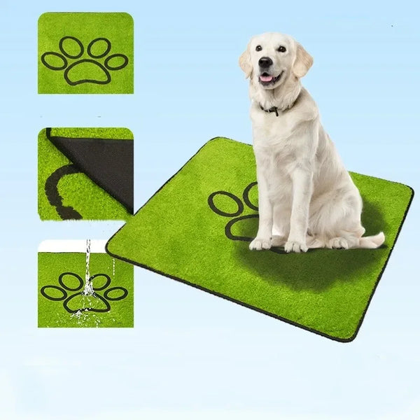 A white dog is sitting on a green pet grass mat with a waterproof backing, surrounded by icons showing paw prints and water.
