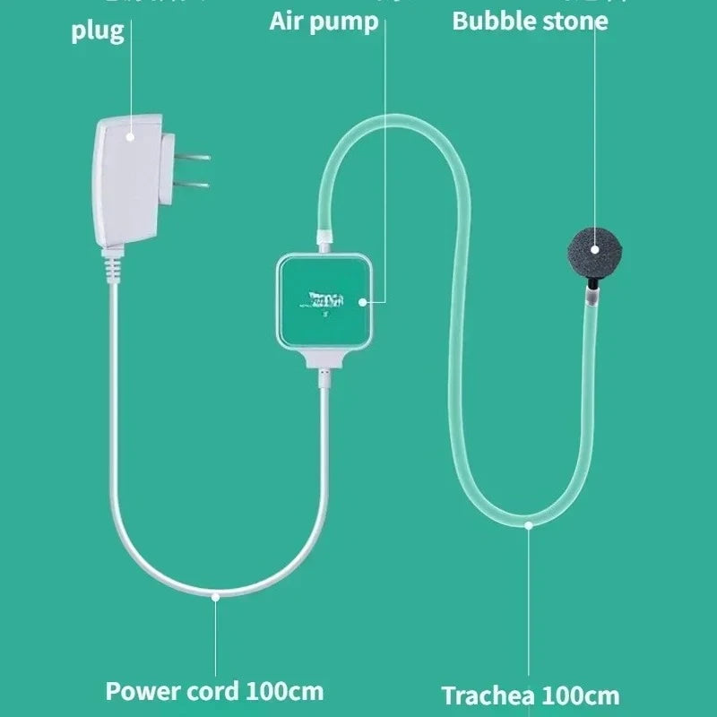 Diagramm der Komponenten eines Luftpumpensystems: Stecker, Luftpumpe, Blasenstein, Stromkabel und Trachea.