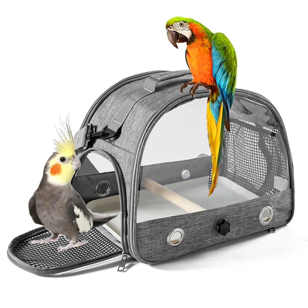 Leuchtend grüne und orange Macaw-Vogel auf der offenen Tür einer grauen, faltbaren Transporttasche für Vögel.