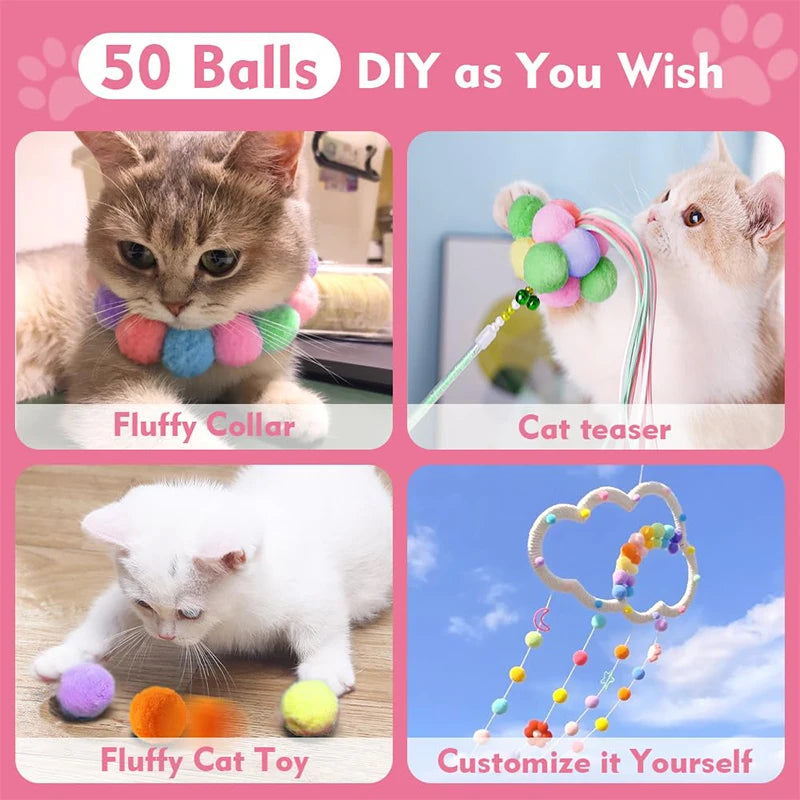 A collection of DIY plush balls and toys for cats including a fluffy collar, cat teaser, fluffy toy, and customizable ball la