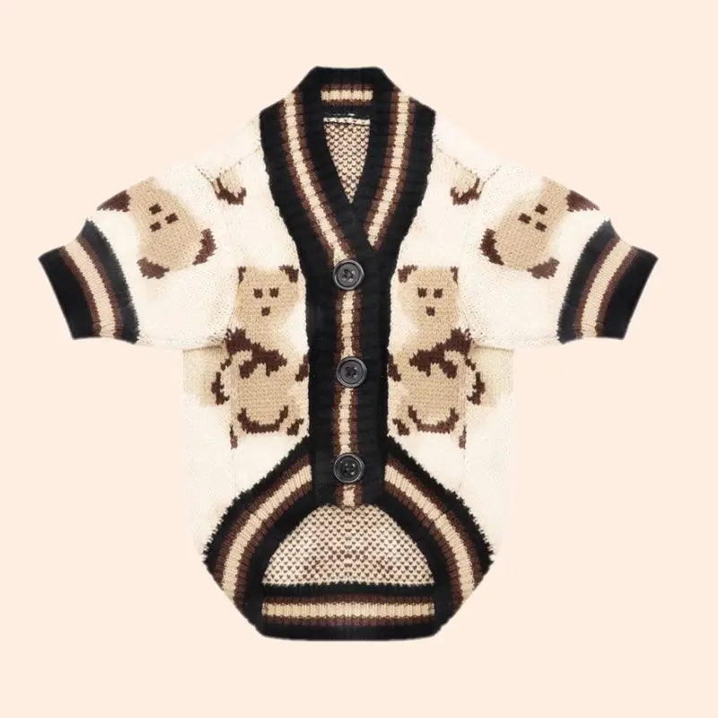 A beige and brown striped cardigan sweater with bear patterns for small dogs and cats