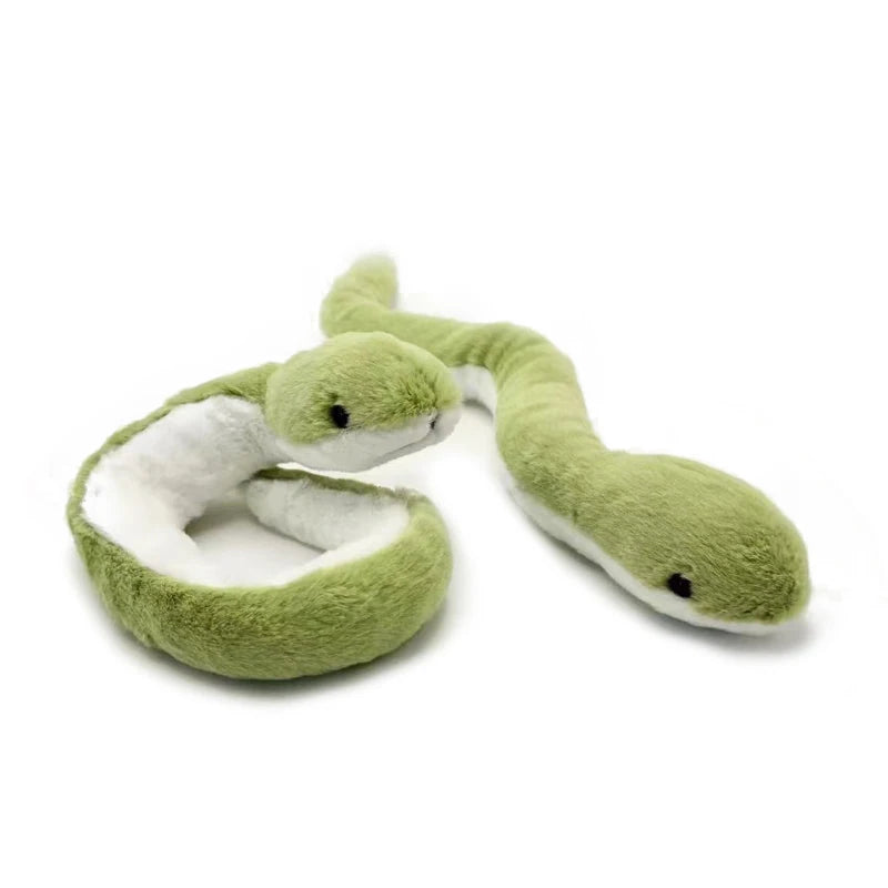 A soft, bendable green snake plush toy with white trim is shown lying on a white background.