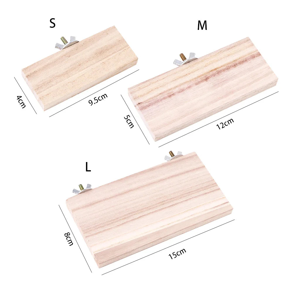 Three wooden platform stands labeled S, M, and L showing different sizes for a bird or small pet.