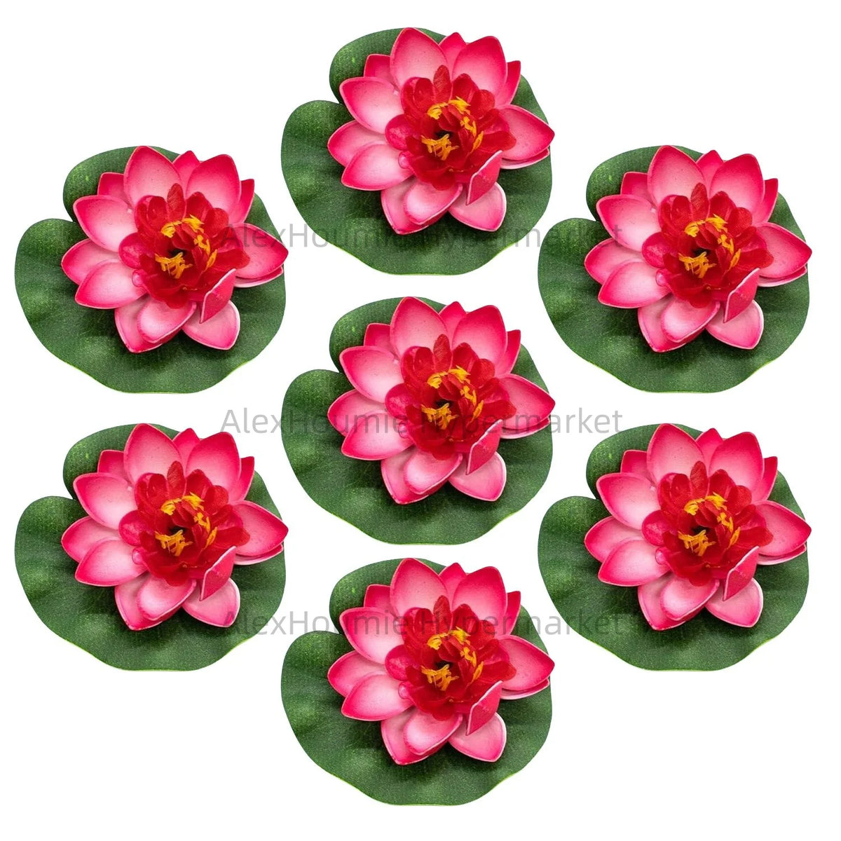 A set of seven pink and red lotus flowers with green water lily pads floating on water.