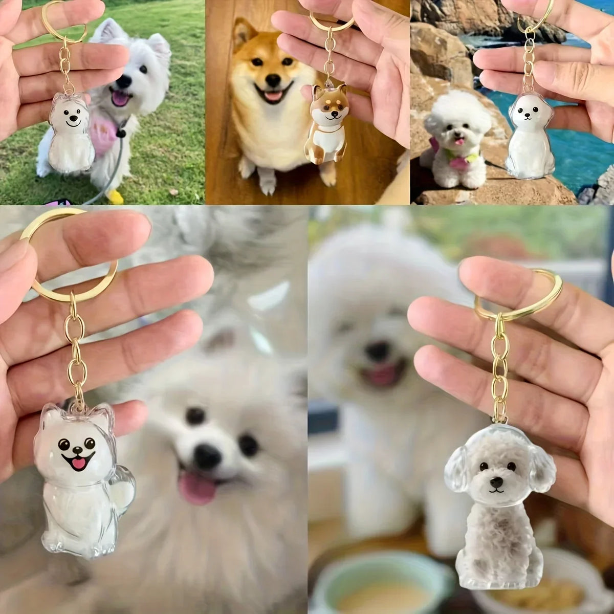A collection of pet hair storage keychains featuring various dog breeds and fluffy pets.