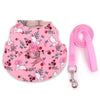 Pink breathable printed rabbit harness vest with an adjustable pink leash