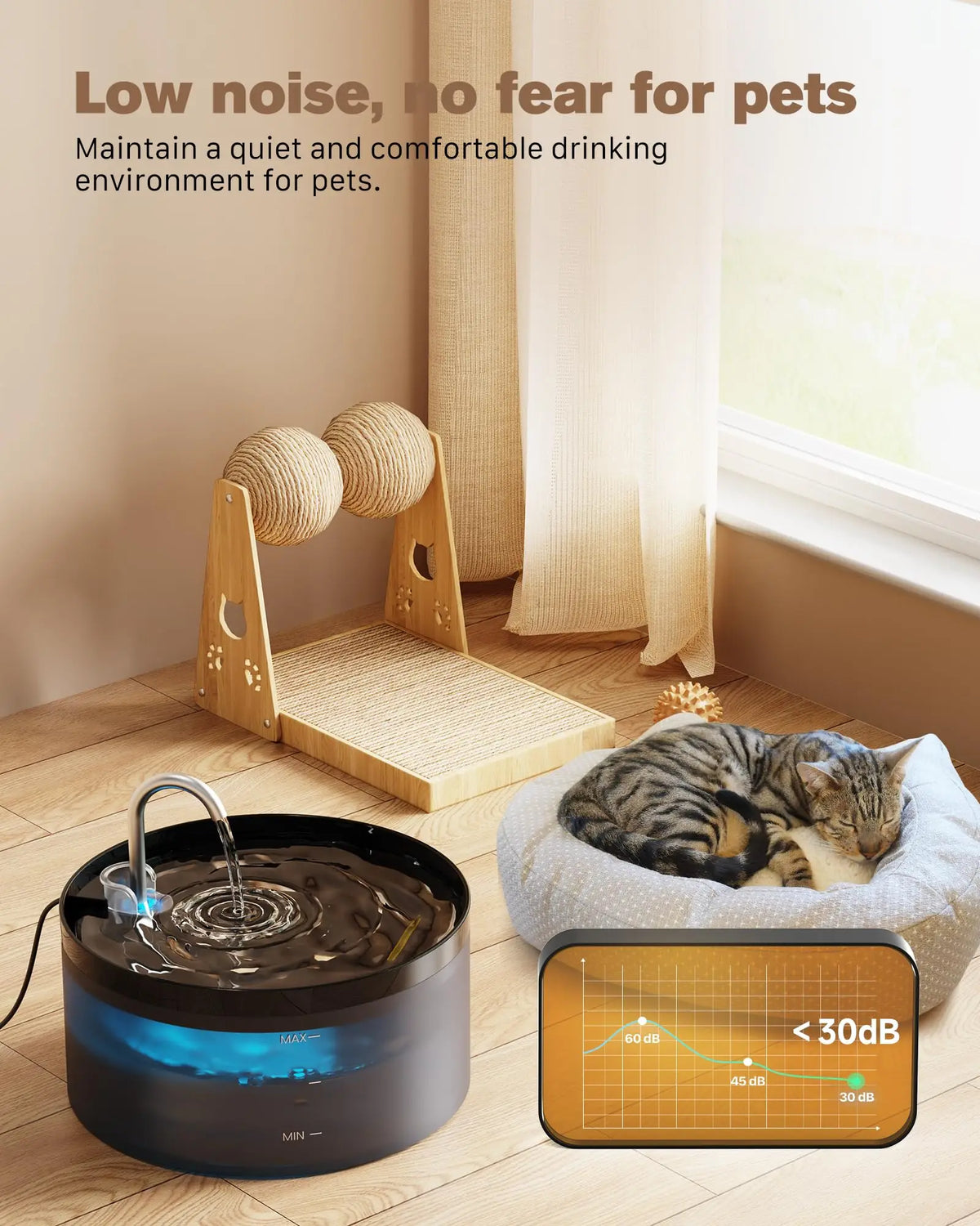 Automatic pet water fountain with a dark base and clear water flowing, placed near a cat.