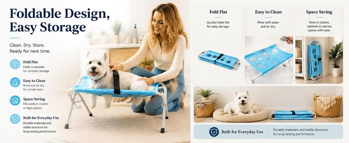 A woman is using a foldable pet grooming hammock for a white dog on a grooming table.