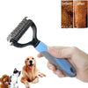 A hand holds a stainless steel pet hair removal comb brush, demonstrating its use on a dog.