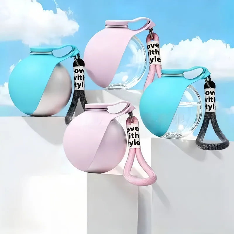 Pink and blue portable stainless steel dog water dispensers with hanging straps