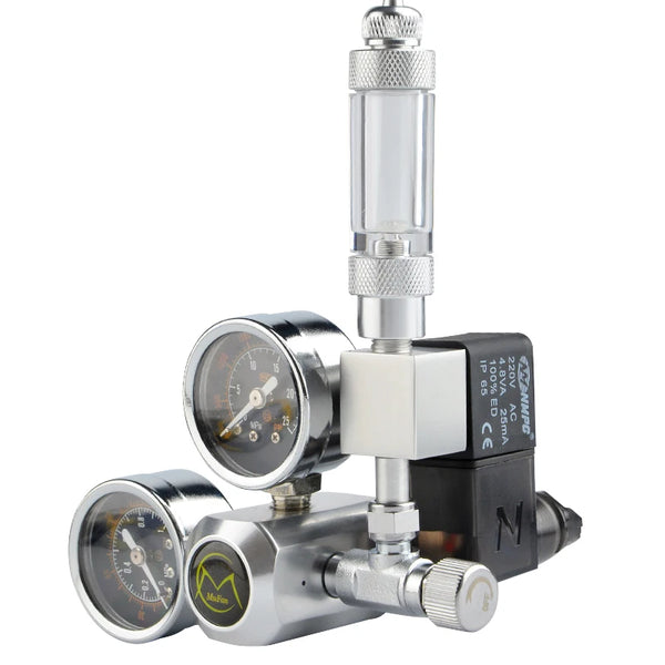Silver aquarium CO2 regulator kit with solenoid and dual gauges for gas control