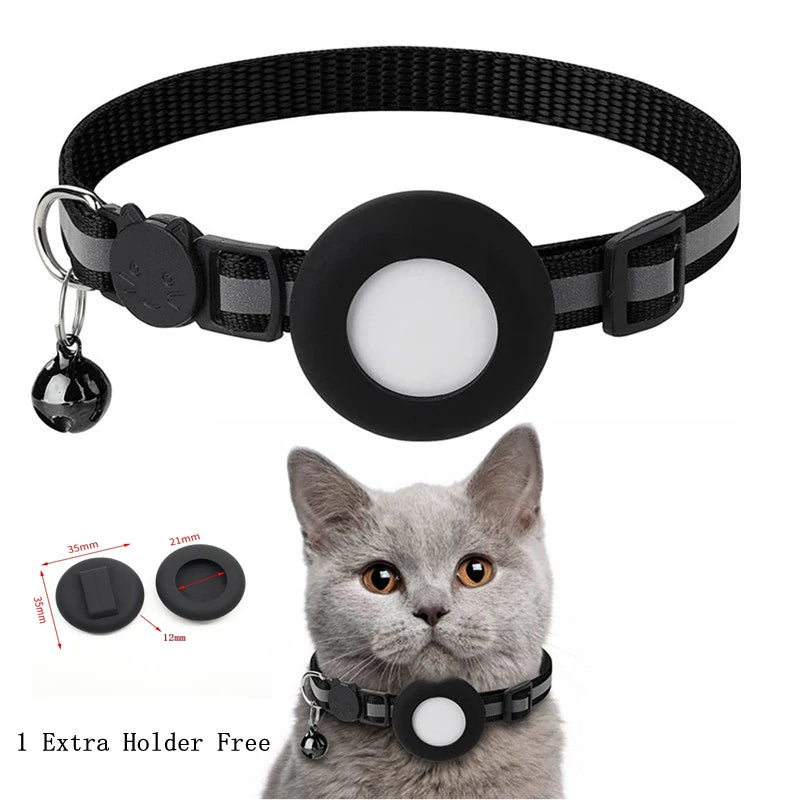 Black breakaway cat collar with a reflective strip and an airtag holder attached to the neck.