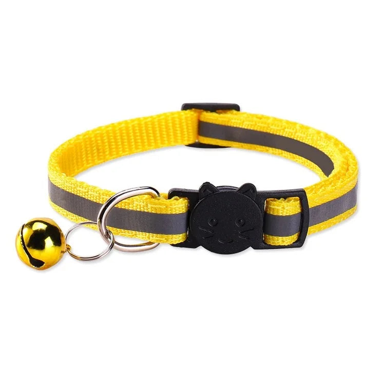Yellow and black striped safety breakaway cat collar with a gold bell attached