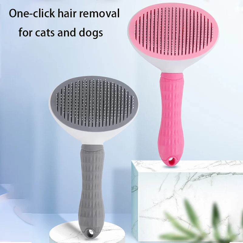 A pink pet grooming brush with a silicone head is shown next to a gray version, designed for hair removal on dogs and cats.