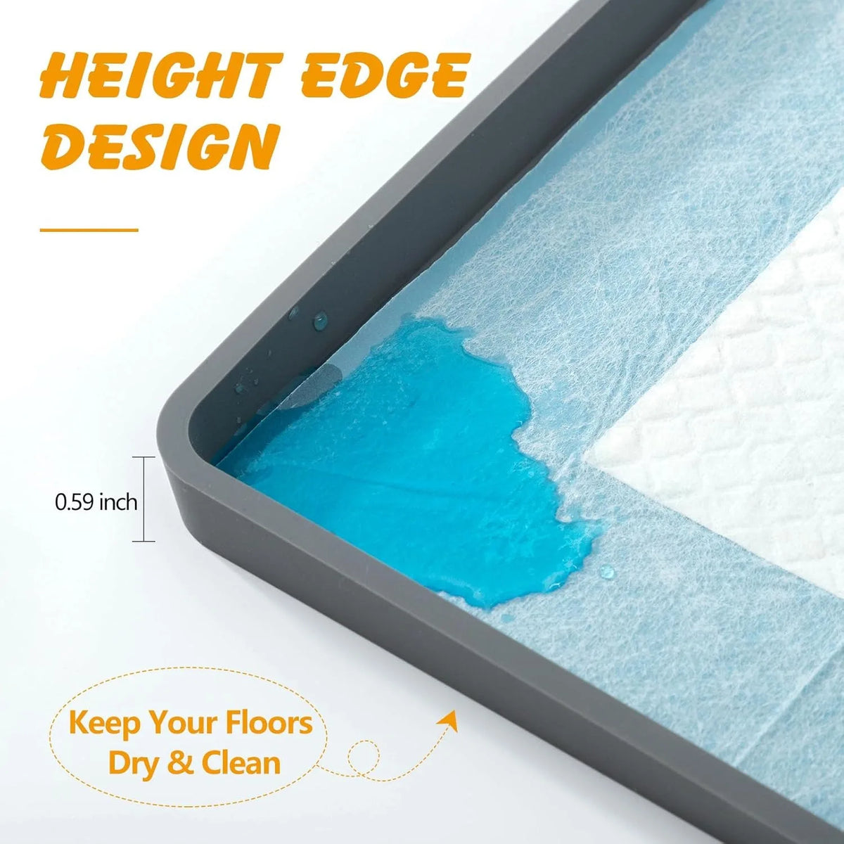 A silicone puppy pad holder with a height edge design showing blue liquid and white pads for keeping floors dry and clean.