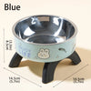 A blue stainless steel pet food bowl with a stand is shown on a light background.