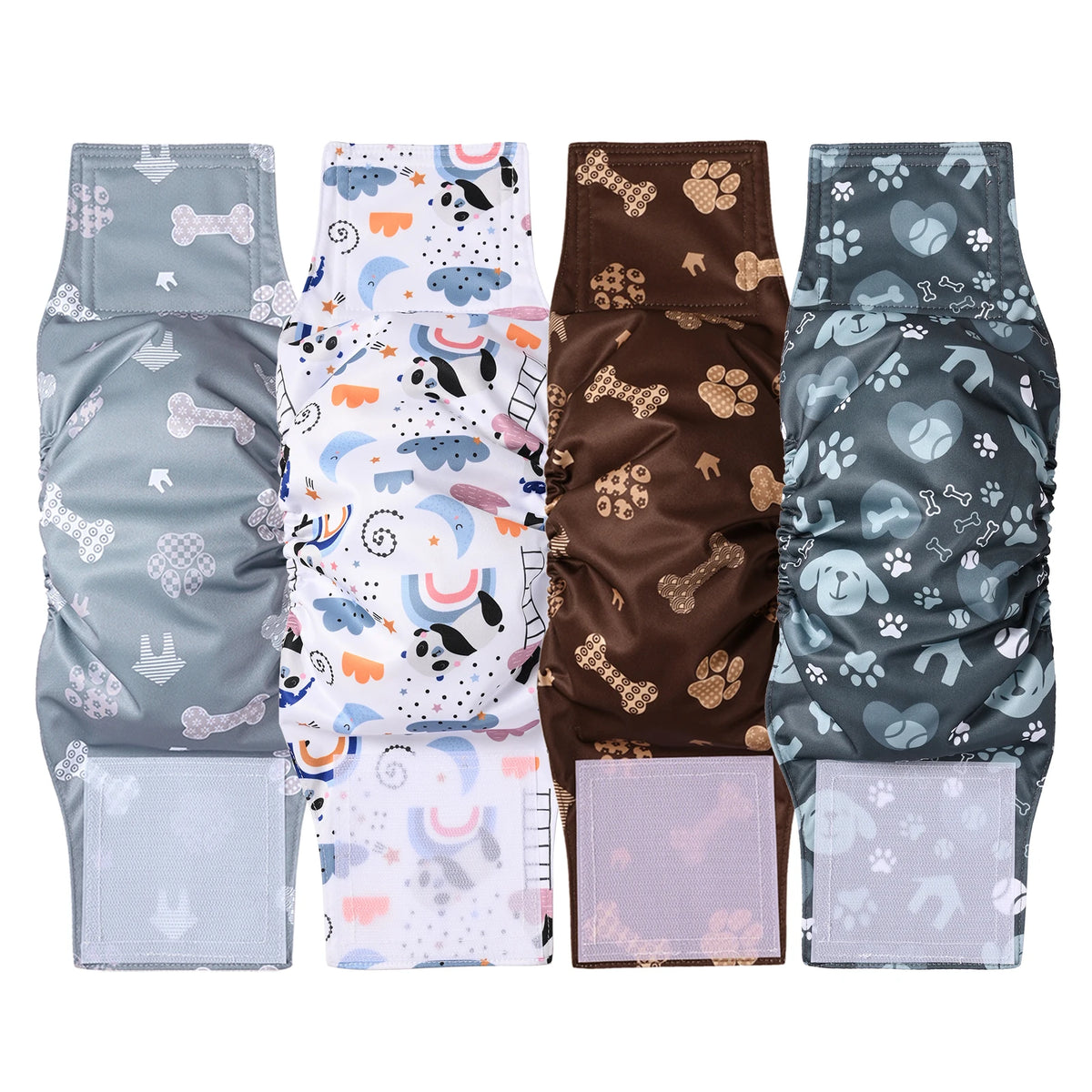 A set of reusable washable dog diaper wraps for male dogs featuring various patterns and colors.