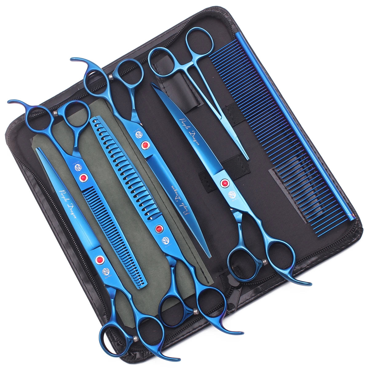 A black case containing professional stainless steel pet grooming scissors and combs.