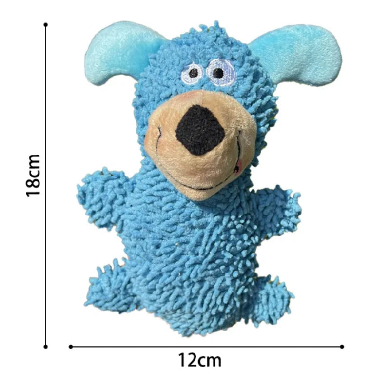 A light blue, fluffy plush dog toy with large ears and a black nose.