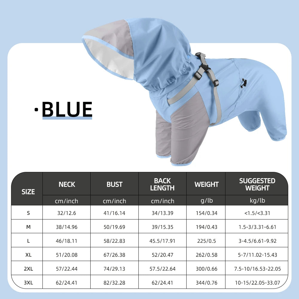Double-Layer Waterproof Dog Raincoat with Built-in Harness and Detachable Hood