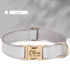 Gray leather dog collar with a gold nameplate and buckle.