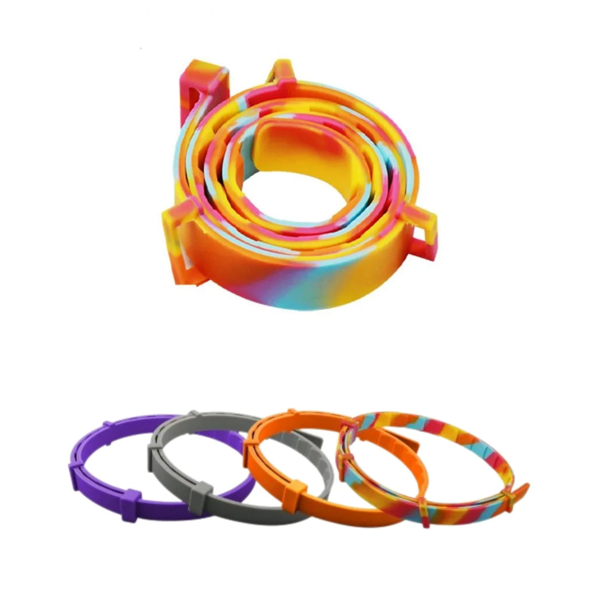 A stack of colorful, adjustable waterproof pet collars for small dogs and cats.