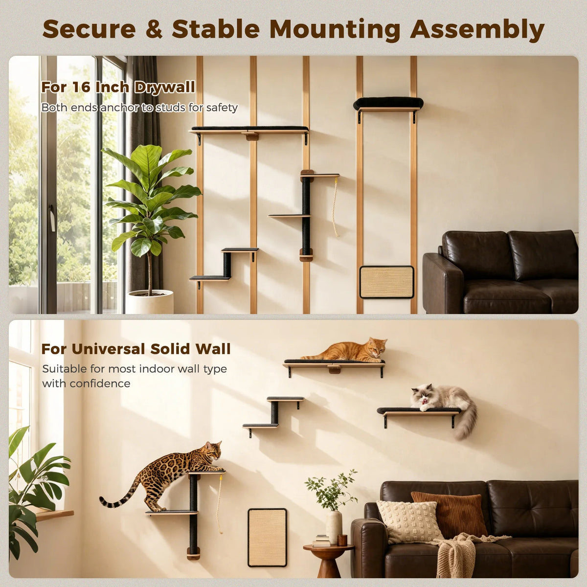 Modular Wall-Mounted Cat Climbing Shelves with Scratching Posts