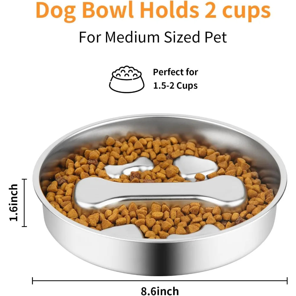 Stainless steel dog bowl for medium sized pets with a bone-shaped insert