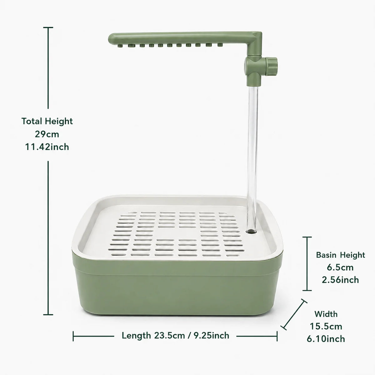 A light green bird bath with an adjustable spray mechanism and a long, clear tube for water circulation.